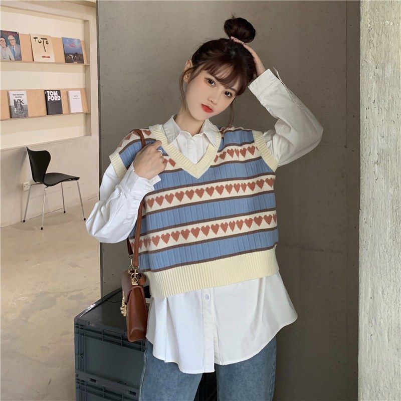 Áo Gile New College Knitted Vest Women's Korean Versatile Loose V-neck Love Vest