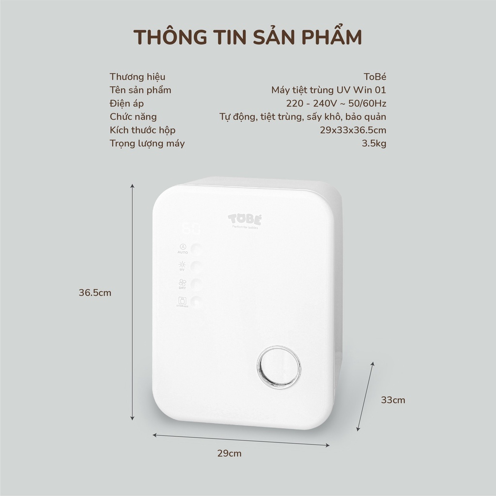 Máy tiệt trùng UV WIN 01 Tobé tiệt trùng UV, sấy khô, bảo quản đồ dùng của bé dung tích 17L hàng cao cấp