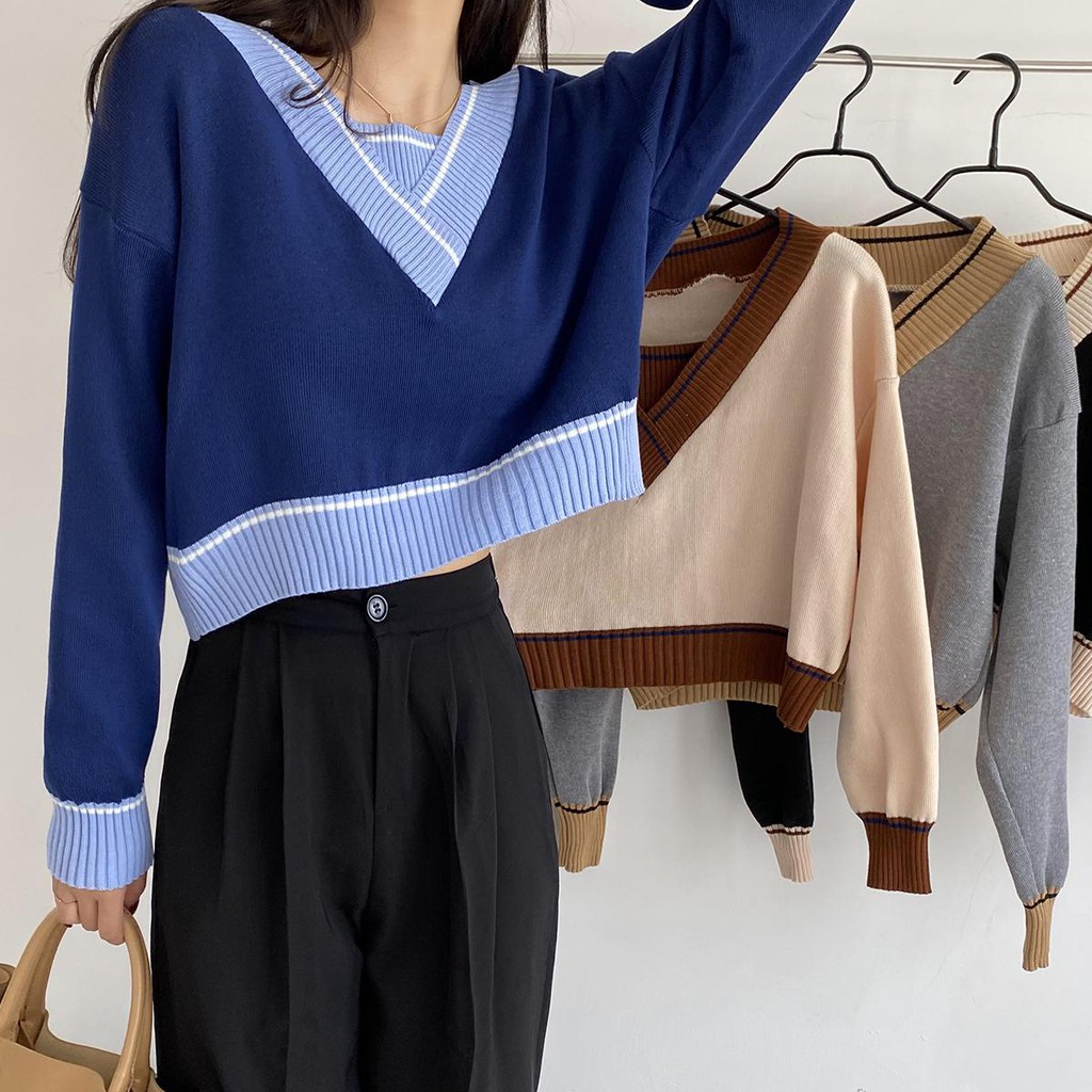 Áo Sweater Dệt Kim Cổ Chữ V Dáng Rộng Màu Sắc Tương Phản Phong Cách Retro Phương Tây