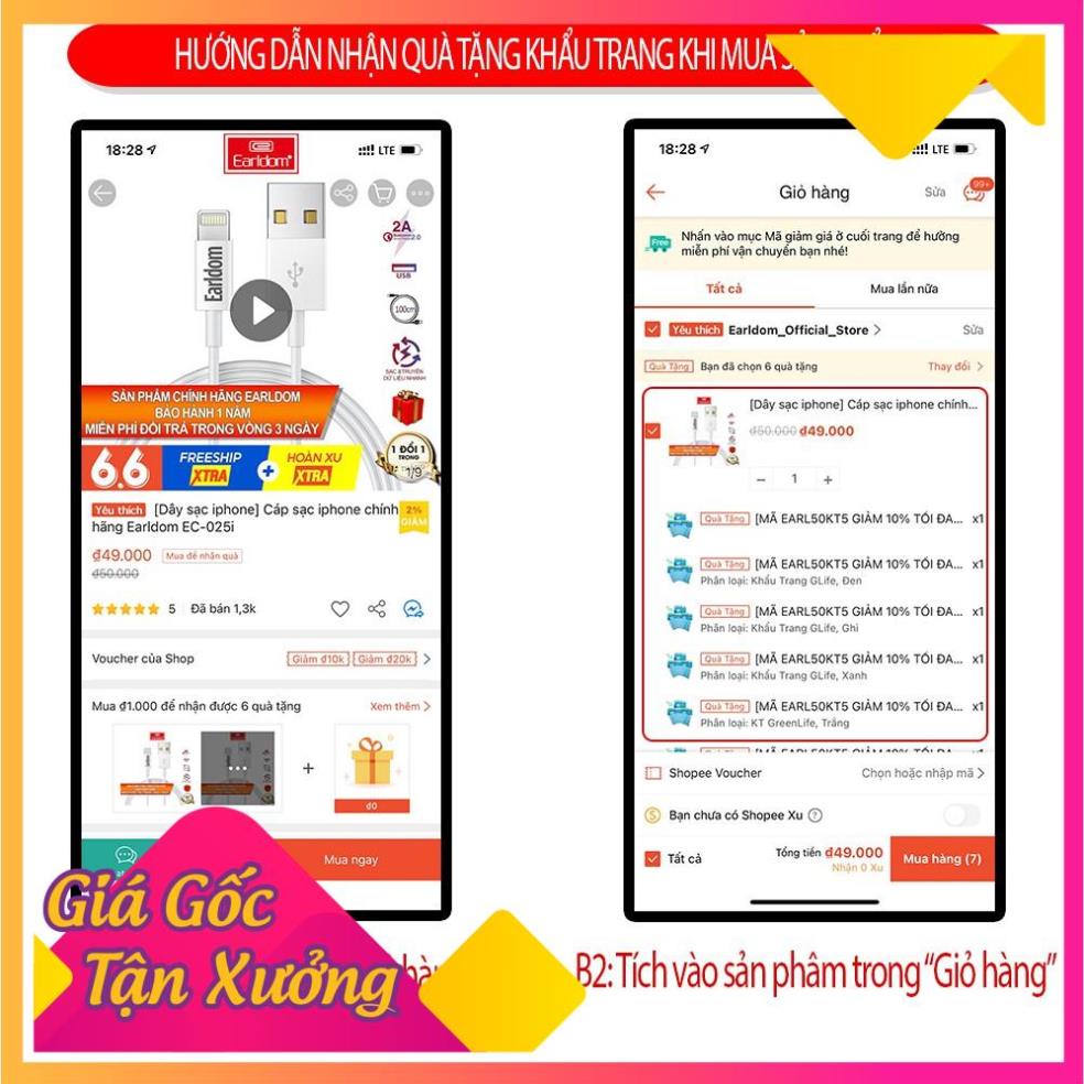 Dây sạc 3 trong 1 Earldom IMC-018 sạc nhanh cho Iphone SamSung Xiaomi dài 120cm