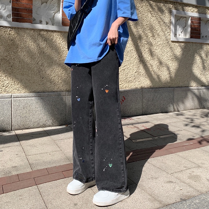Quần Jeans Dài Lưng Cao Ống Rộng Màu Nhuộm Phong Cách Hàn Quốc Thời Trang Cho Nữ