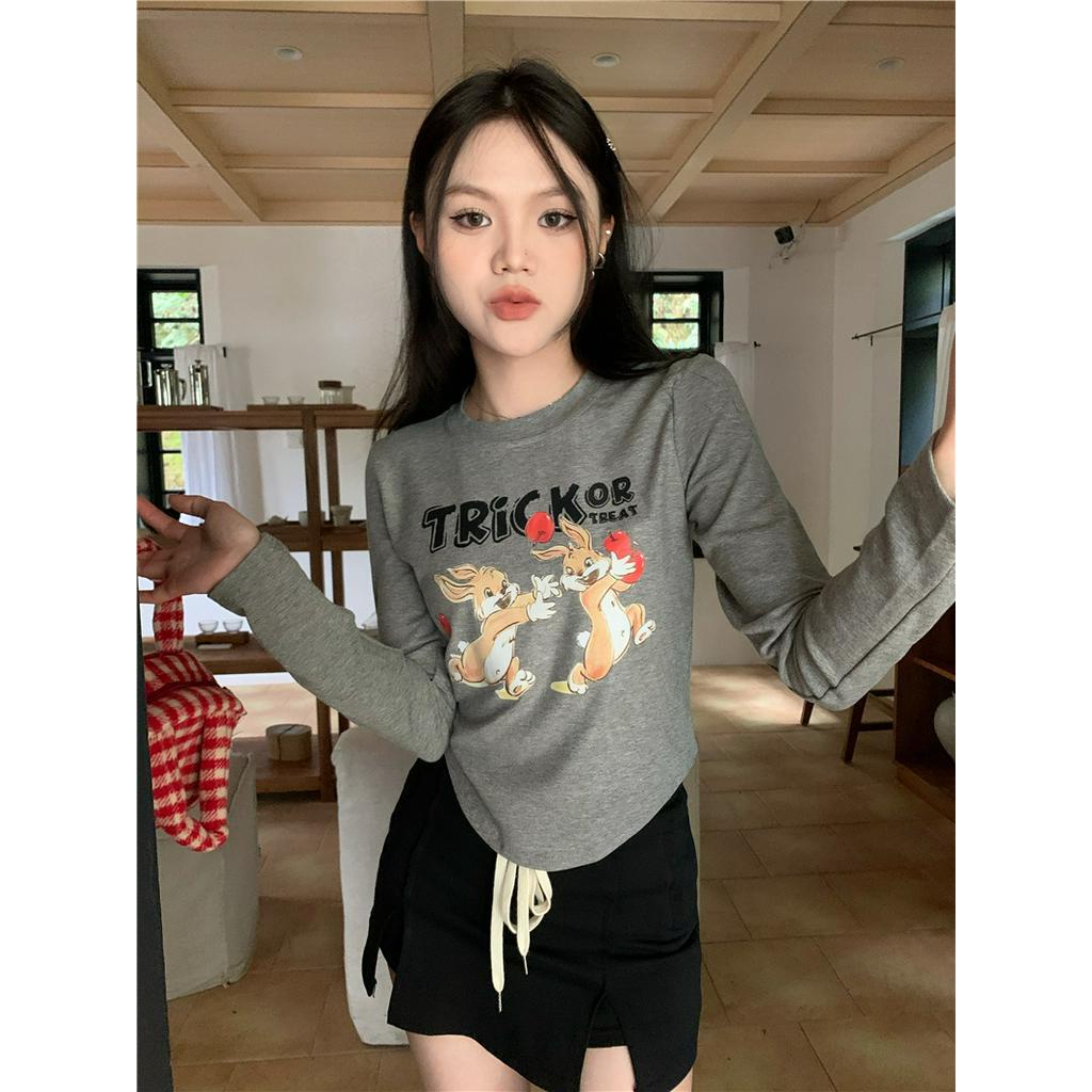 Áo Thun Dáng Ôm Cổ Tròn Dài Tay In Hoạt Hình Thời Trang Cá Tính 60930