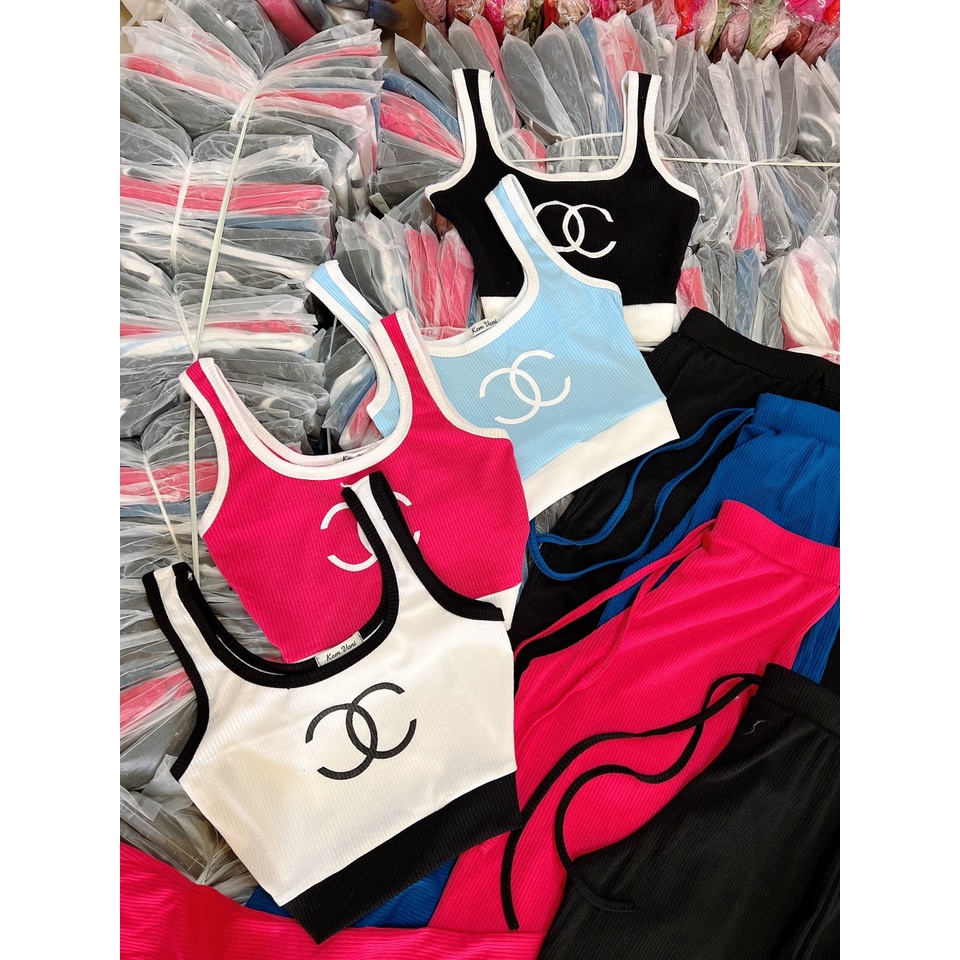Set áo ba lỗ quần loe chất thun gân Chà neo - Set bộ croptop quần ống loe - Xưởng sỉ Cô Ba