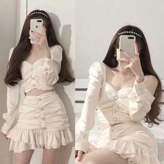 [Order Hàng Loại 1] (K6) Set váy áo lụa Tiểu thư sang chảnh Hàn Quốc. Áo kiểu đơm nút + Váy ôm dáng loại đẹp màu kem