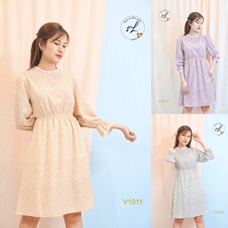 Váy đầm dáng xòe, họa tiết hoa nhí, tay lỡ, chất voan, có lớp lót bên trong, mã V1011 (ảnh thật)