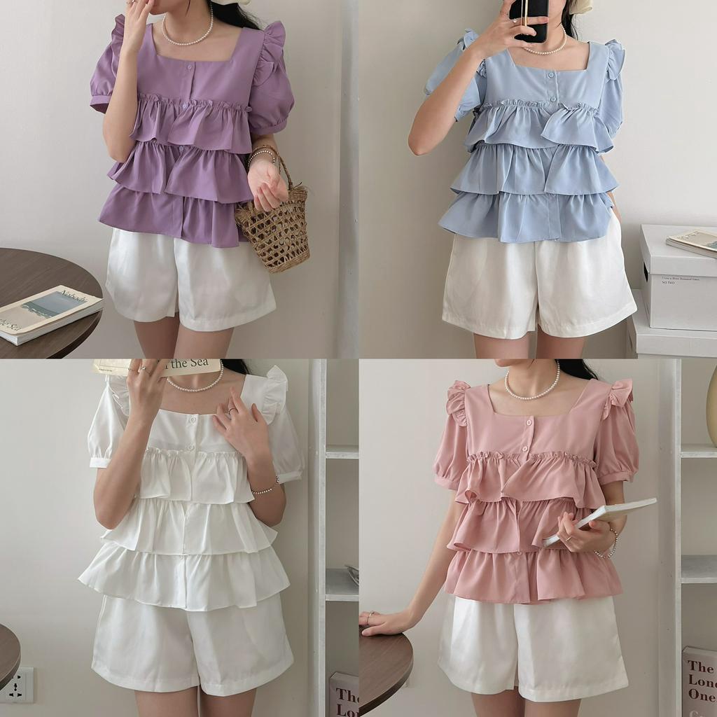 Áo sơ mi cổ vuông chất thô mát bèo tầng, áo kiểu babydoll xinh