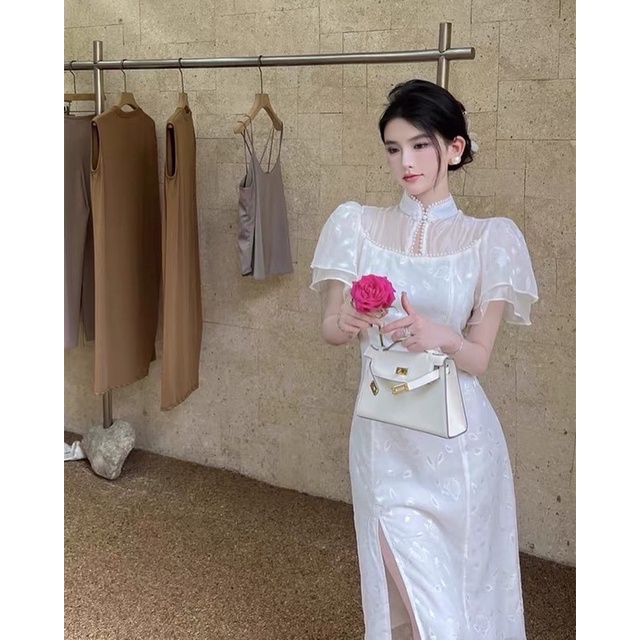 Đầm Váy Trắng Xẻ Tà Sườn Xám Dáng Dài Tay Ngắn Cổ Tàu 2 Lớp Mặc Đi Tiệc Đi Chơi (Hình Thật)