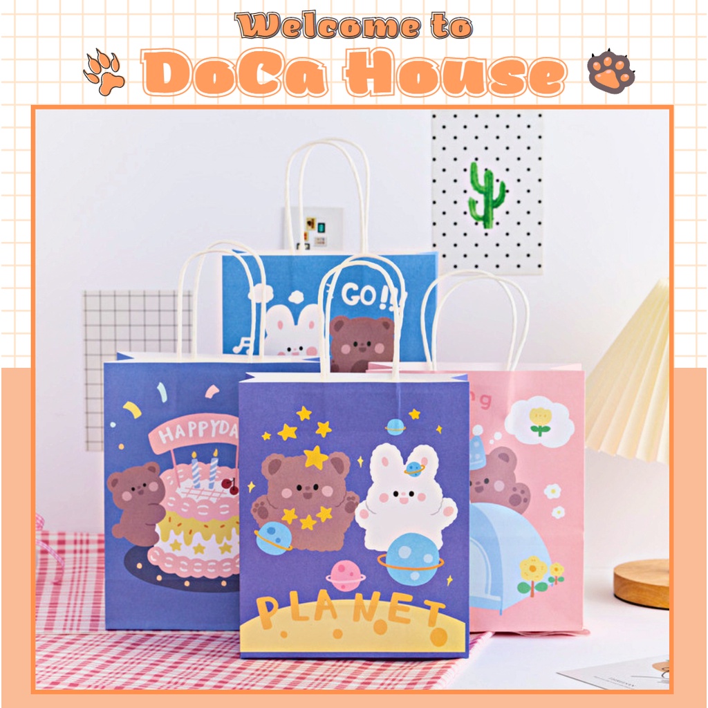 Túi giấy đựng quà DOCA có quai xách, túi đựng quà tặng sinh nhật hoạt hình đáng yêu size 21cm