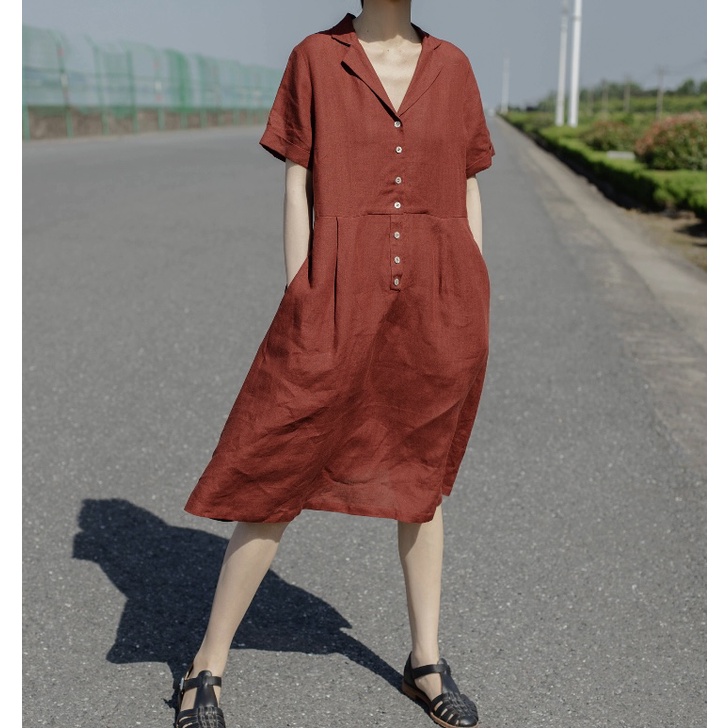 Đầm linen tưng cổ vest