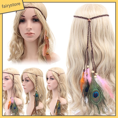 Băng đô cài tóc bện dây phối lông vũ và hạt phong cách boho cho nữ