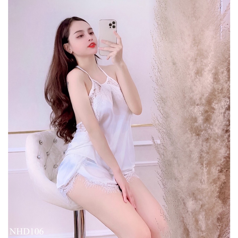 [FREESHIP 50K] Bộ Ngủ Ren NHISTORE Áo Cổ Yếm Quần Đùi Bèo Sexy Freesize Dưới 60kg