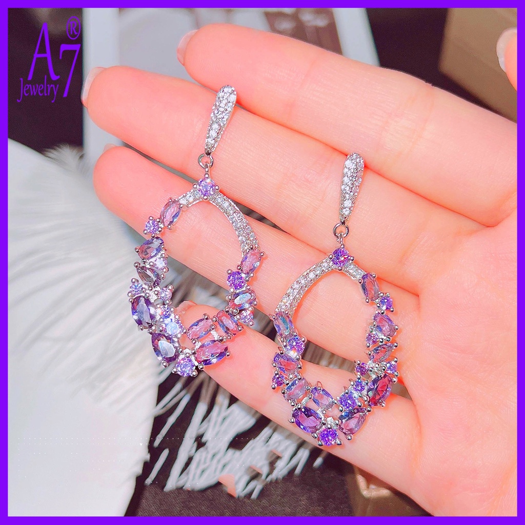 A7| Bông Tai Mạ Bạc 925 Hình Giọt Nước Đính Kim Cương Tím / Hoa Oải Hương / Giọt Nước Phong Cách