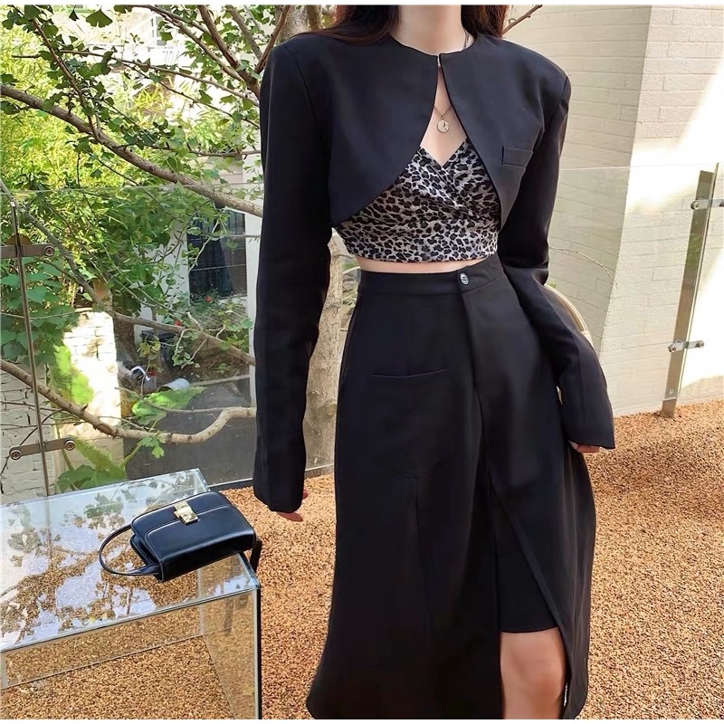 [hot TikTok thaohoang]Set áo khoác vest croptop+áo 2 dây crop da beo+váy/quần dài chic ulzzang sam sam Boutique