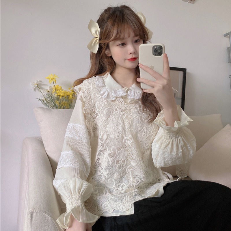 Set Áo Nữ Kiểu Màu Trắng Gồm Gile Ren Kết Hợp ÁSơ Mi Vải Nhăn Bên Trong Phong Cách Nhật Bản Ngọt Ngào