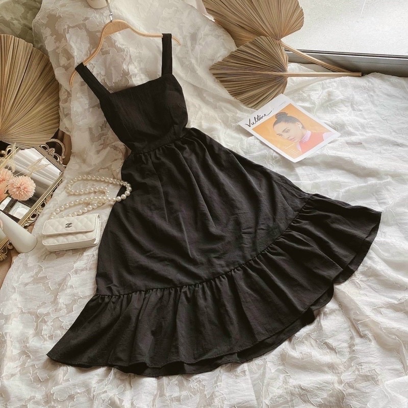 Đầm váy maxi đi biển hai dây nơ sau 2 màu có mút ngực