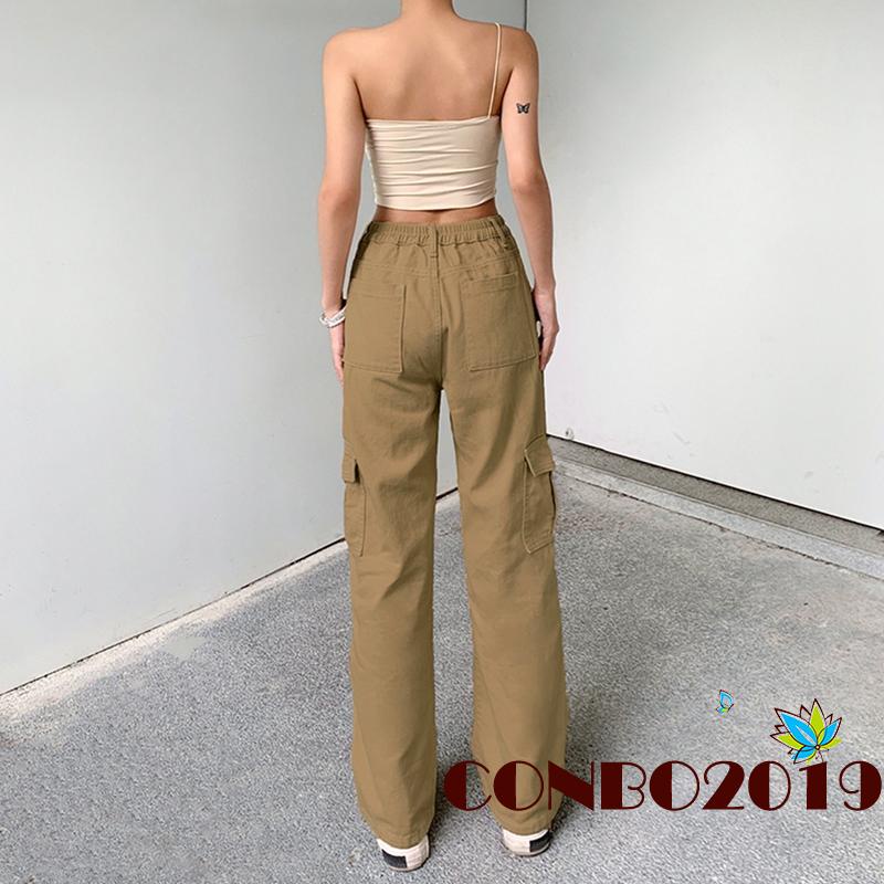 Hgm-quần Jean Nữ Cạp Cao Ống Thẳng Có Túi Màu Trơn / Kaki / Nâu