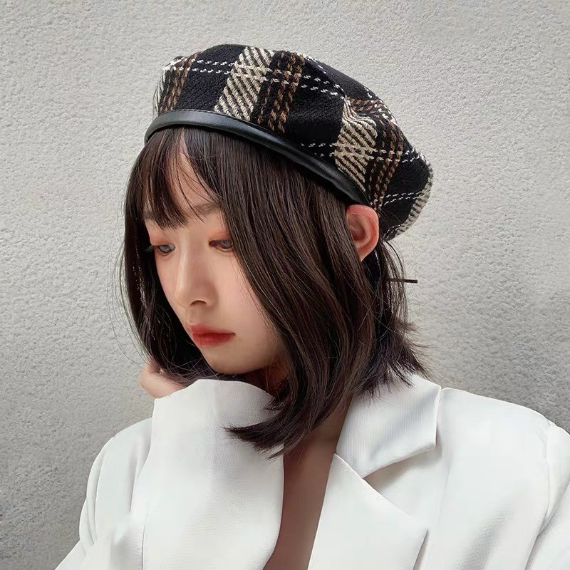 [Mã FAMARAL2 giảm 10K đơn 50K]Mũ nồi dạ kẻ ulzzang viền da cao cấp