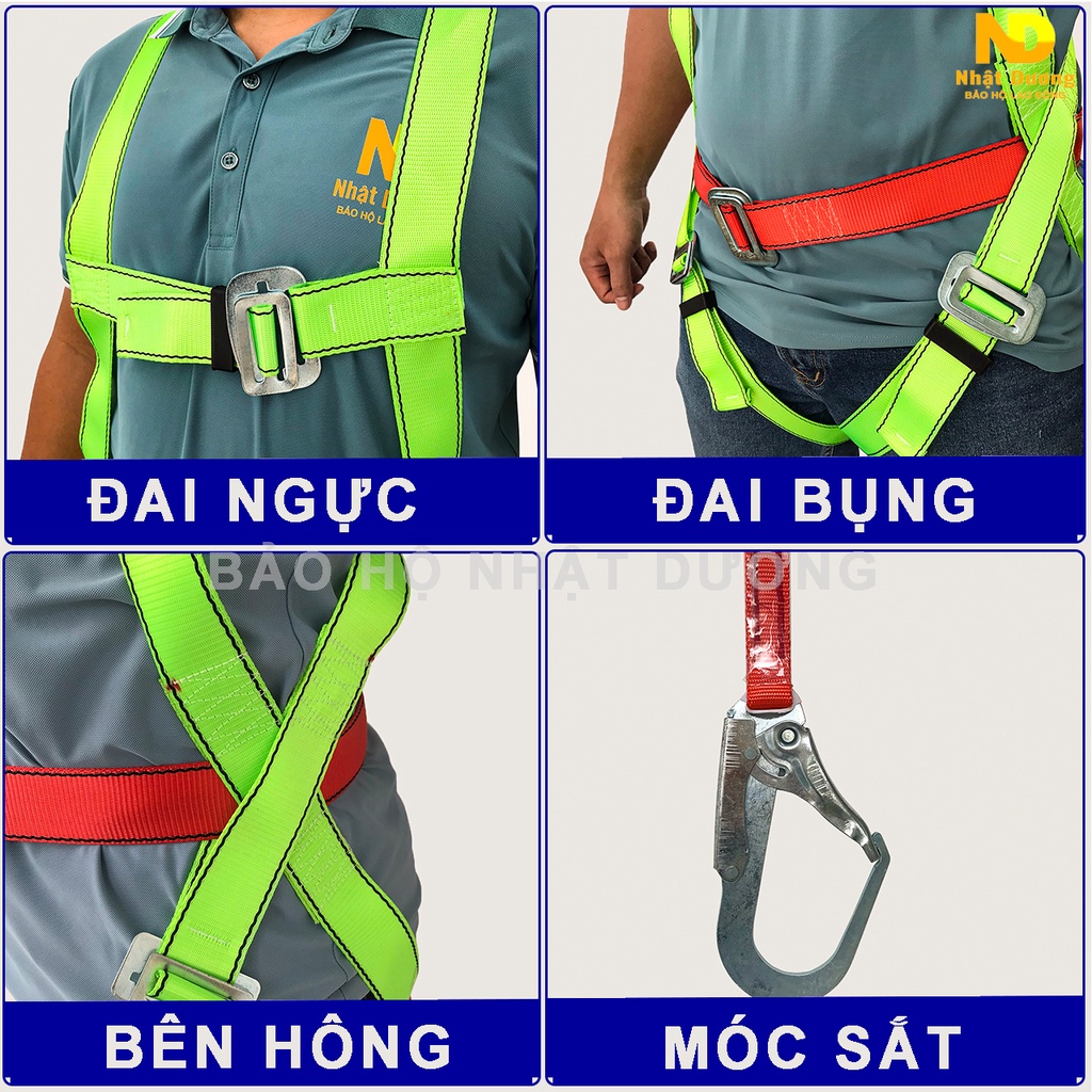 Dây đai an toàn toàn thân 2 móc lớn TT11 dây bẹ, Dây bảo hộ lao động Nhật Dương dùng làm việc trên cao
