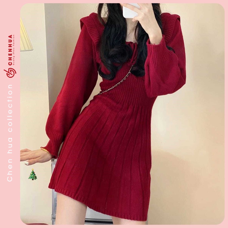 Váy len trễ vai ulzzang hàn quốc đẹp cao cấp ChenHua VT20