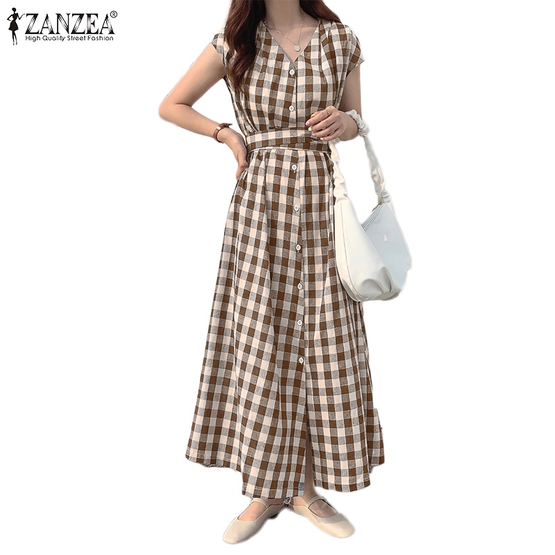 Đầm maxi Zanzea ngắn tay cổ chữ V họa tiết ca rô phong cách Hàn Quốc thời trang cho nữ