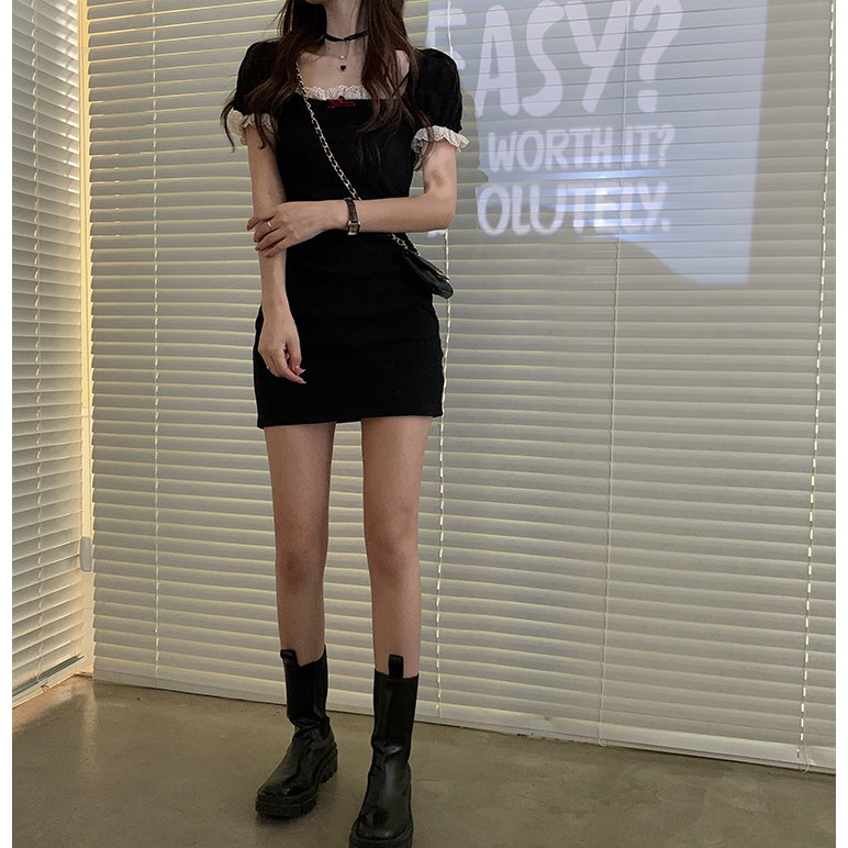 Xiaozhainv Đầm Tay Ngắn Cổ Vuông Phối Ren Phong Cách Hàn Quốc | BigBuy360 - bigbuy360.vn