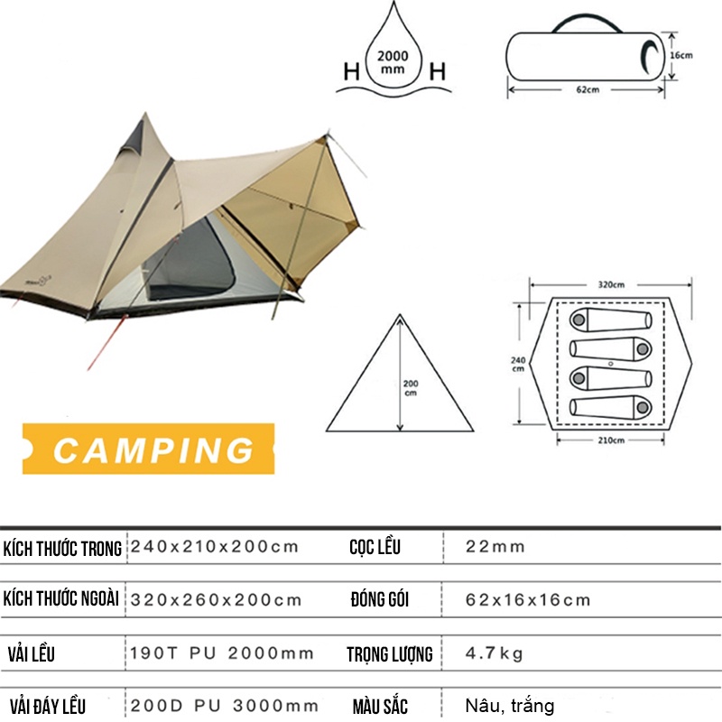 Lều Cắm Trại Vintage Vidalido 4-6 Người 2 Cửa Thông Thoáng  Lều Kim Tự Tháp Mái Che Đi Phượt Chống Thấm Chống Tia UV