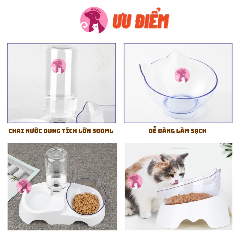 Khay bát ăn uống tự động VIETPET (Tặng bình to) - Chất lượng cao - Đẹp &amp; Bền - Bát nghiêng 15 độ giúp thú cưng ăn dễ hơn
