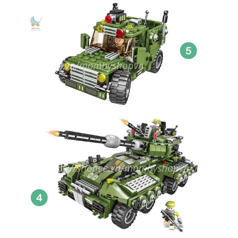 Bộ đồ chơi Lego xếp hình xe tăng, xe bọc giáp, Mô hình lắp ráp xe chiến đấu quân độ, Hơn 800 chi tiết với 27 tạo hình