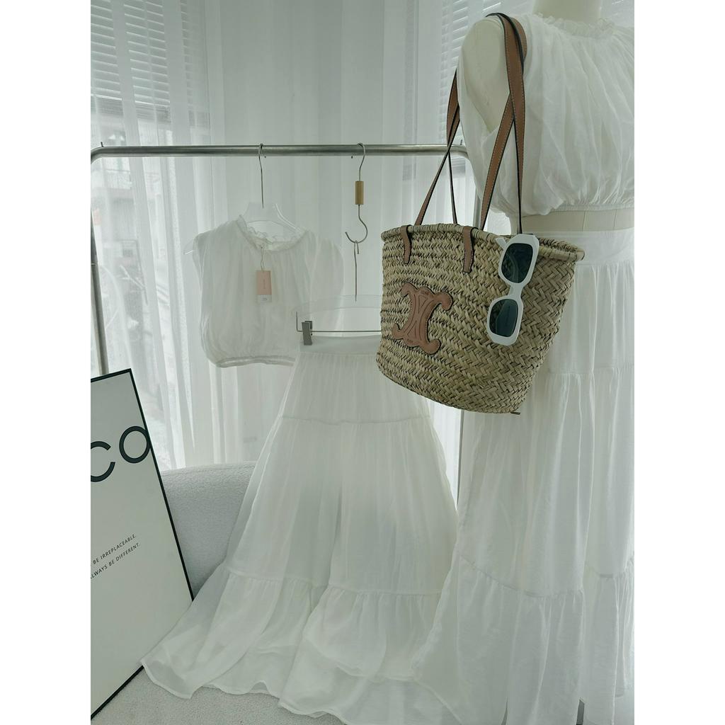 SET ÁO CROPTOP  SÁT NÁCH PHỒNG REN + CHÂN VÁY MIDI TRẮNG (TH)