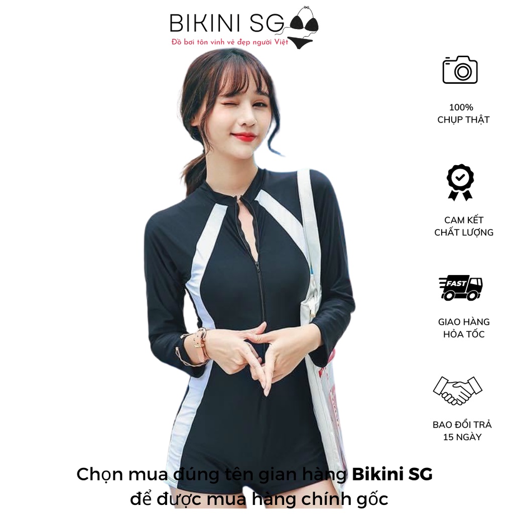 Đồ bơi nữ kín đáo dây khoé kéo quần 1 mảnh liền thân màu đen phối trắng đi bơi đi biển tiện lợi che nắng Bikini SG