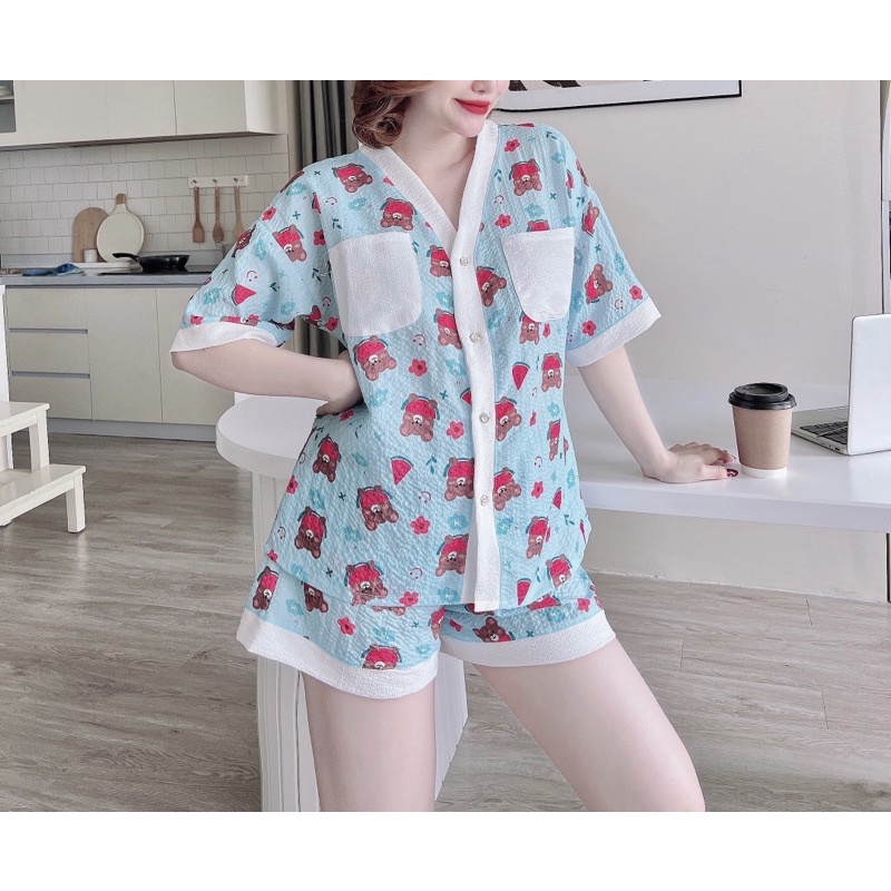 Bộ Pizama Mặc Nhà Nữ Trúc My lụa xốp quảng châu, cổ tim, Freesize 45-65kg, tuỳ chiều cao