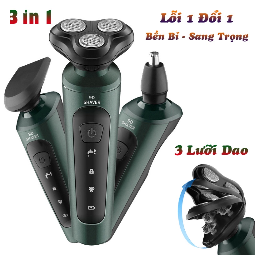 Máy cạo râu sạc điện 9D SHAVER 3 lưỡi dao vệ sinh thay thế dễ dàng, thiết kế hiện đại tiện ích