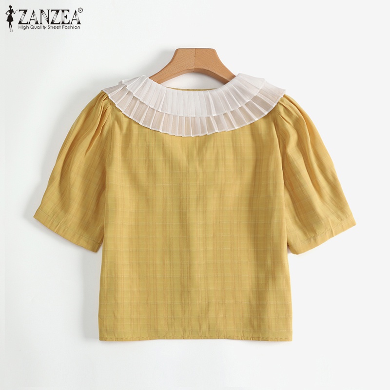 Áo kiểu ZANZEA tay ngắn cổ búp bê màu tương phản phong cách Hàn Quốc thời trang cho nữ