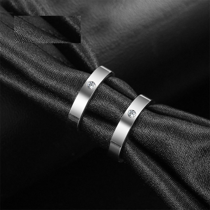 1 CHIẾC Nhẫn cặp inox trơn đính hột thời trang, Nhẫn đôi tình nhân