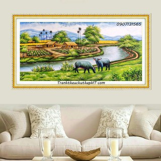 Tranh đính đá phong cảnh Làng quê thanh bình LV045 - tự đính