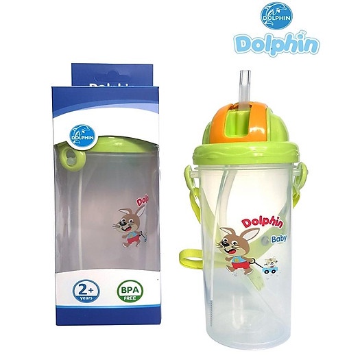 Bình nước cho bé, bình nước có ống hút 450ml Dophin cho hoc sinh, có dây đeo cho bé đi học, bình tập uống nước,không BPA