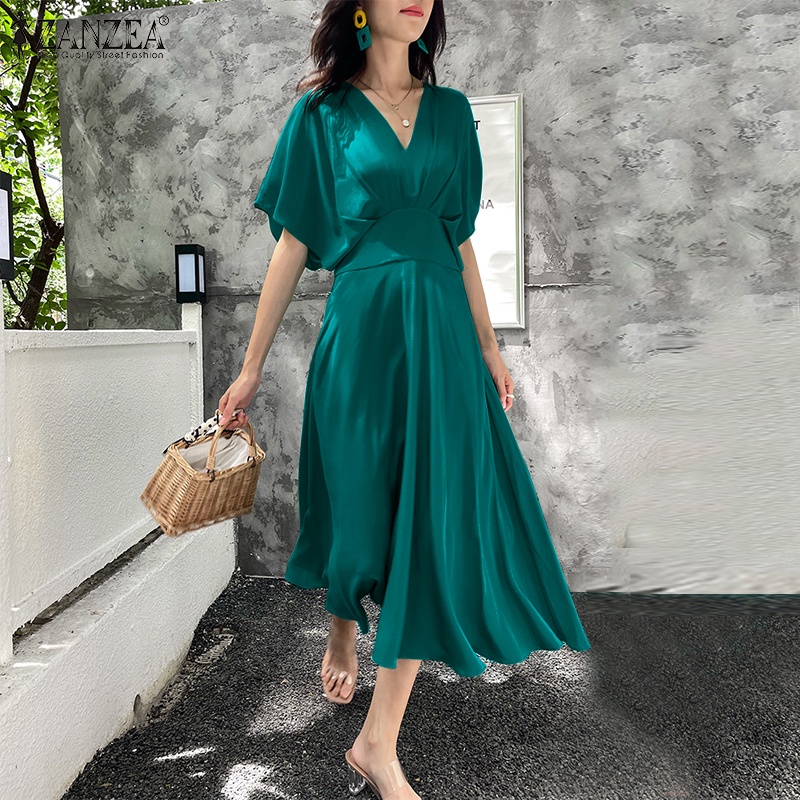 Đầm ZANZEA dáng dài tay cánh dơi cổ chữ V eo cao phối khóa kéo thời trang dành cho nữ