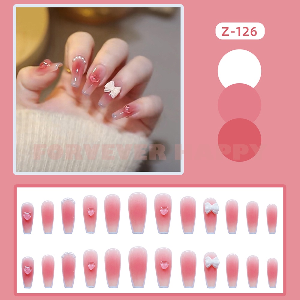 Bộ 24 Móng Tay Giả 3D Màu Hồng Bóng Đính Nơ Thời Trang Dành Cho Nữ
