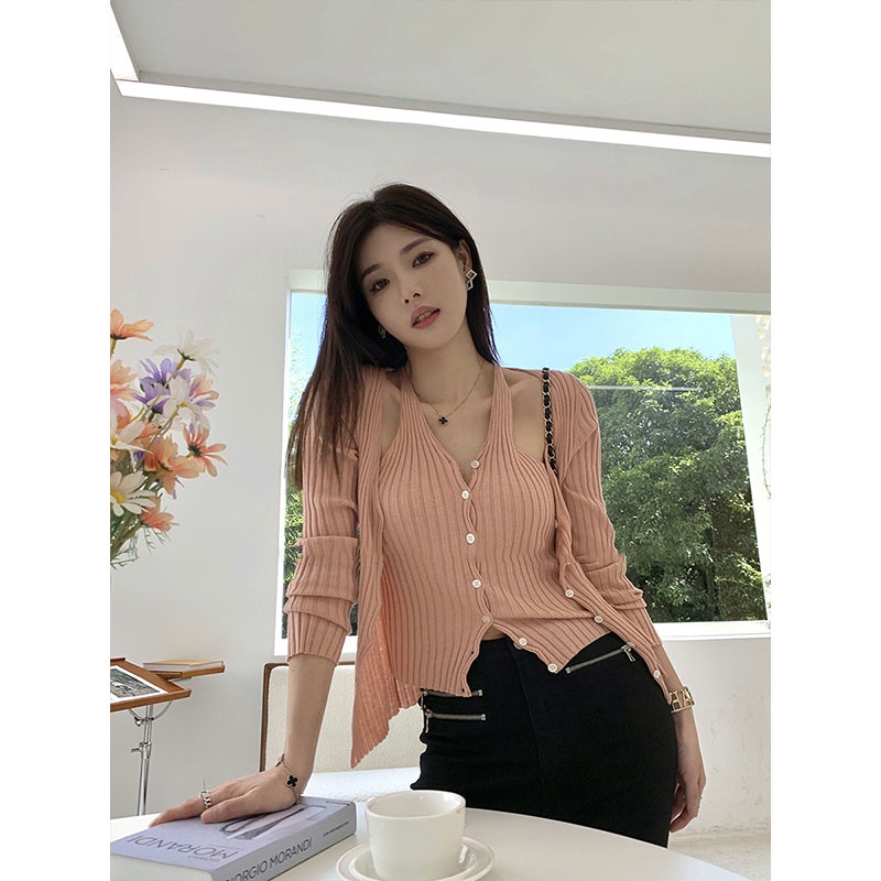 Áo Len Tay Dài Giả Hai Lớp Cổ Chữ v Thời Trang Hàn Quốc Cho Nữ