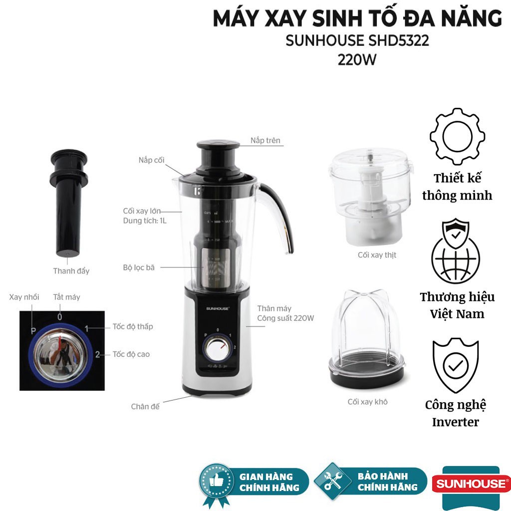 Máy xay sinh tố SUNHOUSE SHD 5322B - Máy say đa năng dung tích lớn 1.25L lưỡi dao làm từ thép không gỉ cao cấp