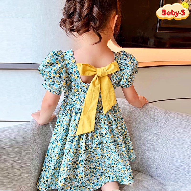Đầm cho bé gái, Đầm hoa tay phồng cho bé 8-24kg chất thô mềm dáng xòe thắt nơ lưng và khóa kéo đáng yêu Baby-S – SD088