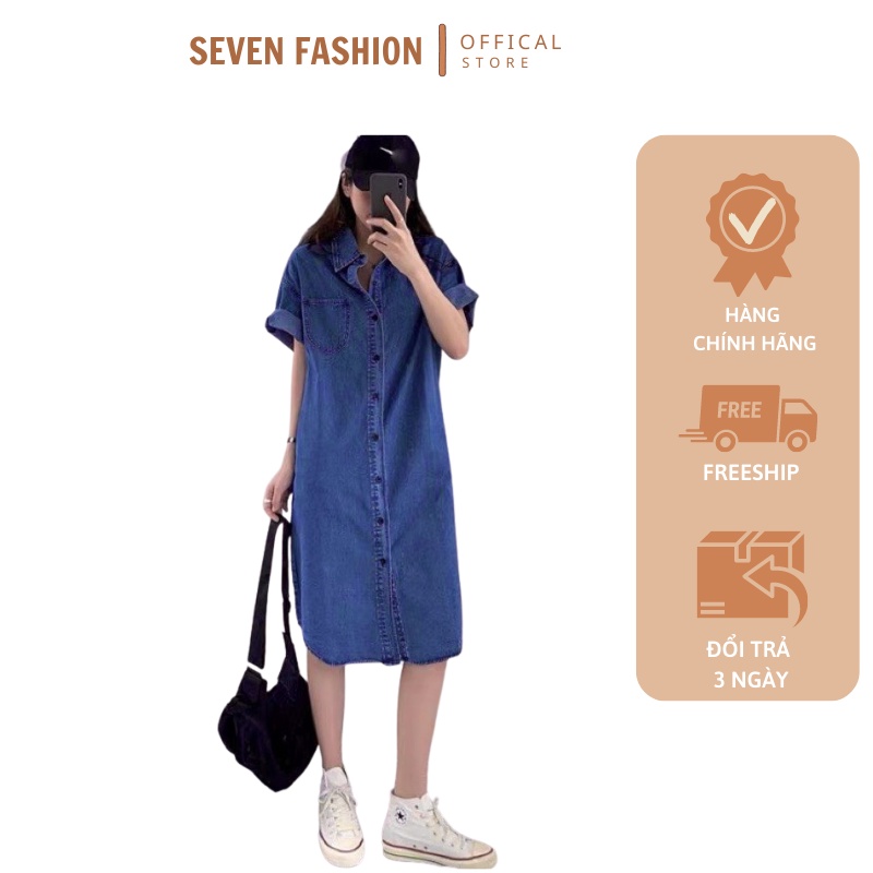 Đầm Jeans Bò Nữ Khuy Cài Váy Nữ Cộc Tay Dáng Suông Q096