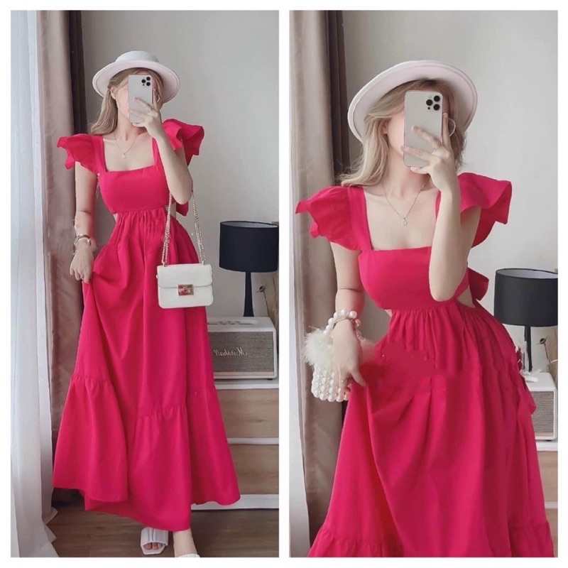 Váy maxi cánh tiên hở eo đuôi cá sẵn mút ngực chất thô freesize