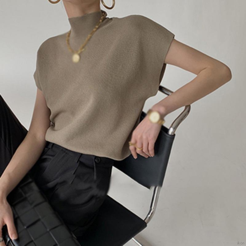 Áo kiểu mặc chui đầu tay ngắn cổ lọ màu trơn phong cách vintage thời trang