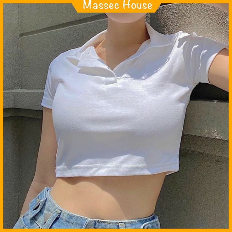 Áo Croptop Cổ Polo MASSEC Áo Cổ Bẻ Chất Borip Dày Dặn Mịn Đẹp Co Giãn Tốt GG2226