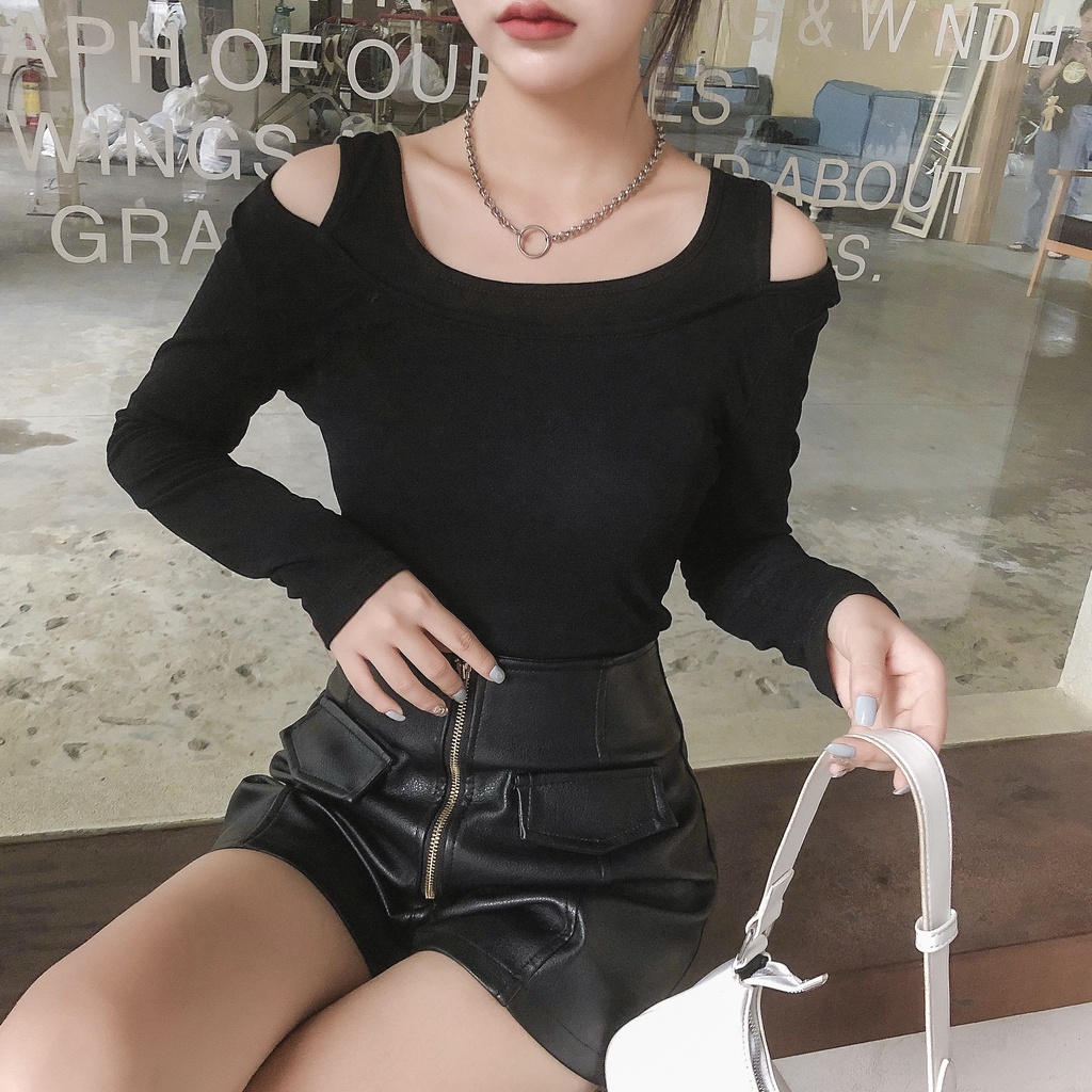 Áo thun COZOK tay dài hở vai màu trơn đơn giản dễ phối đồ thời trang