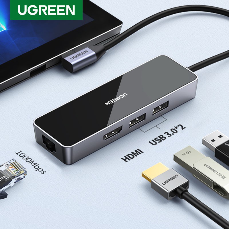 Hub USB C Chính hãng Ugreen 80546 CM350 (Type C ra HDMI 4K+2USB3.0+Lan 1GB)