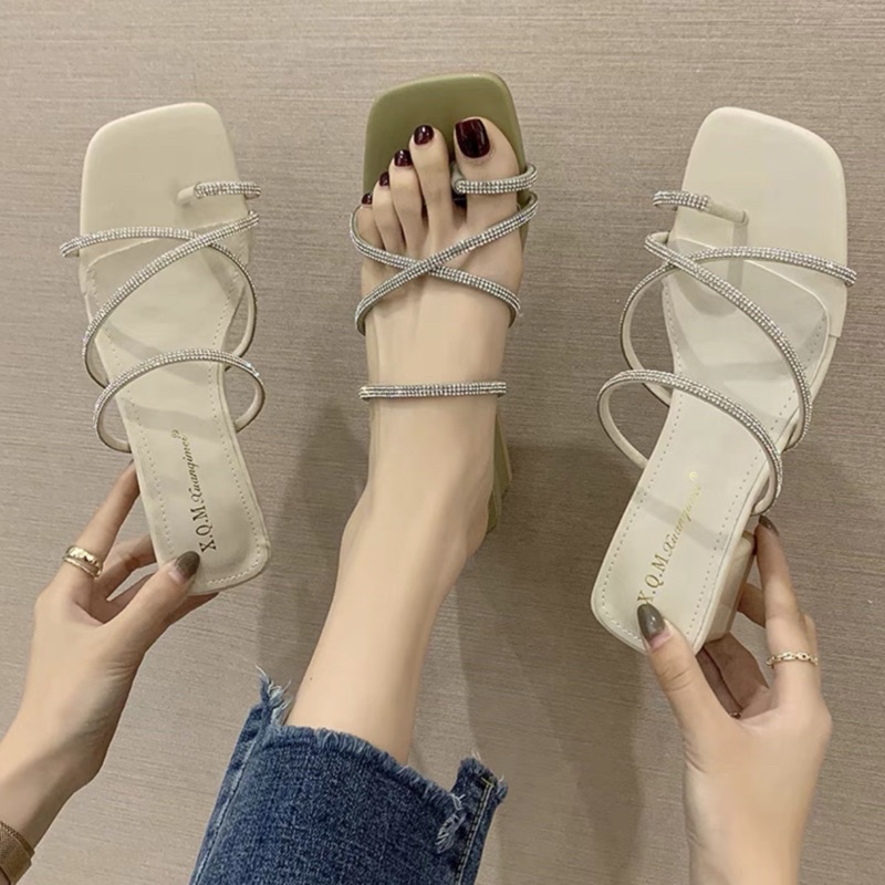 Giày sandal nữ cao gót 5 phân , Dép nữ sỏ ngón quai đính đá sang trọng rễ phối đồ S06