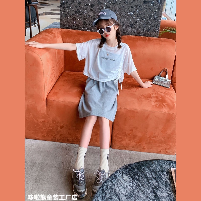 Bộ Áo Thun Ngắn Tay + Đầm Hai Dây Phong Cách Mới 2022 Dành Cho Bé Gái