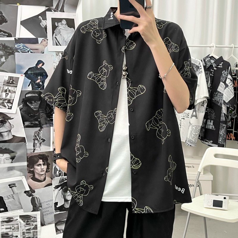 Áo sơ mi nam nữ đều mặc được kiểu tay lỡ form rộng Unisex in hình vẽ nét TeddyBear chibi siêu hot